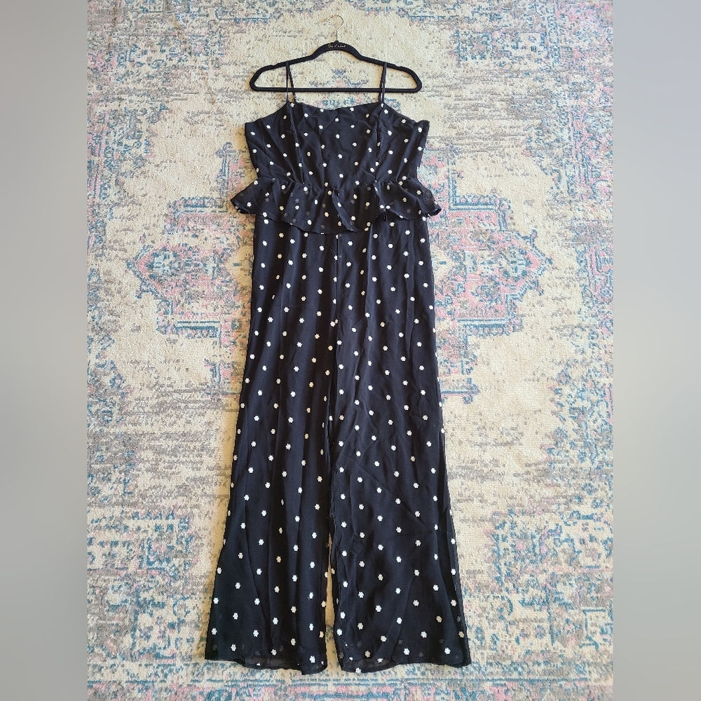 Anthropologie Rosie Black White Floral Embroidery Peplum Jumpsuit Size M Boho - Picture 2 of 14